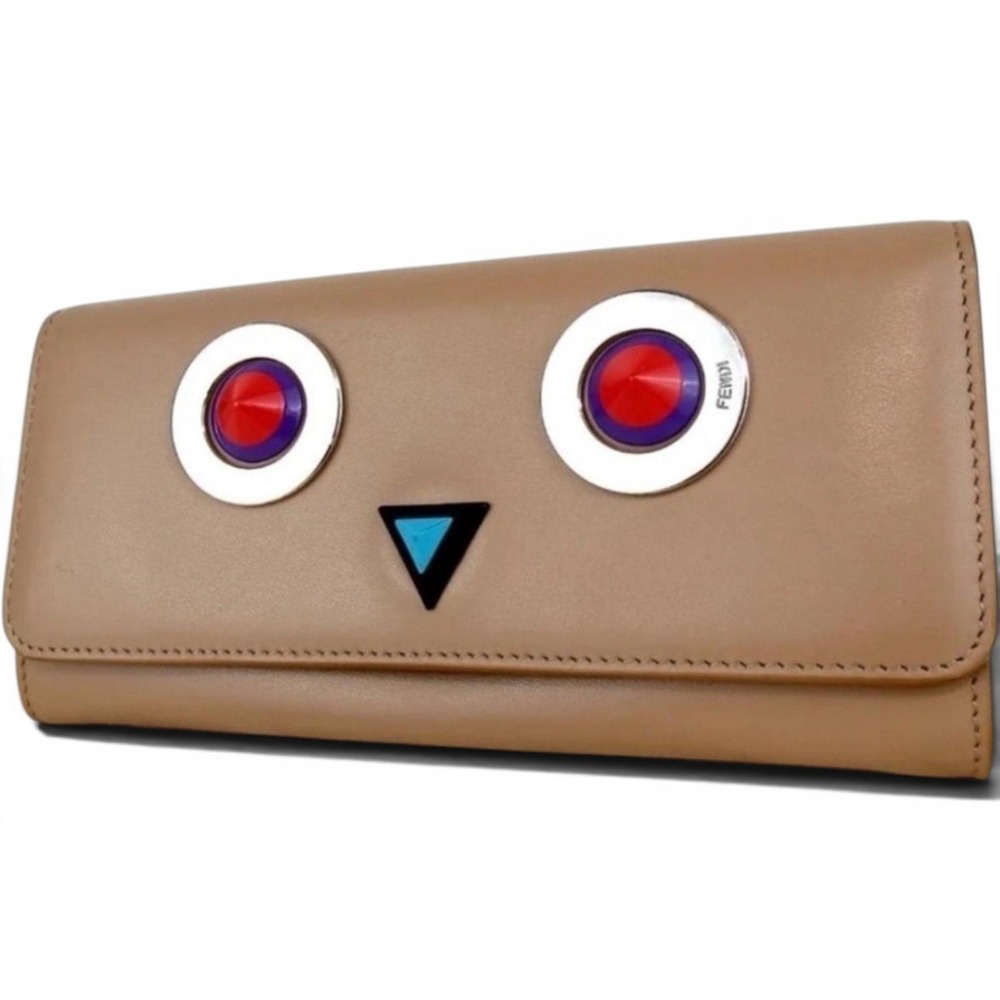 Fendi Monster Leather Long Wallet Beige Studded Whimsical‎ Luxury Designer Fun